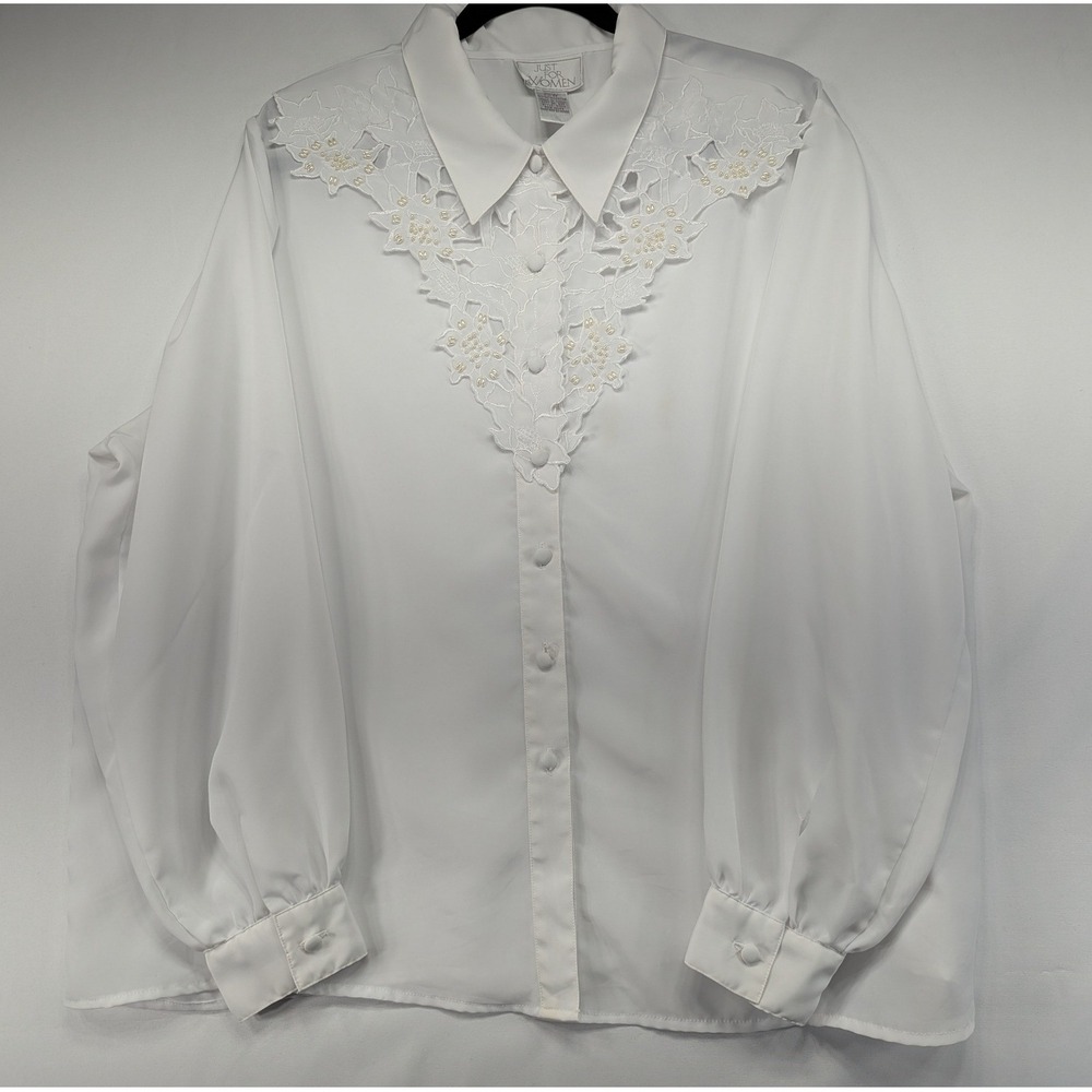 Just For Women White Lace‎ Pearl Bib Blouse Vintage Style Plus Size 20W
